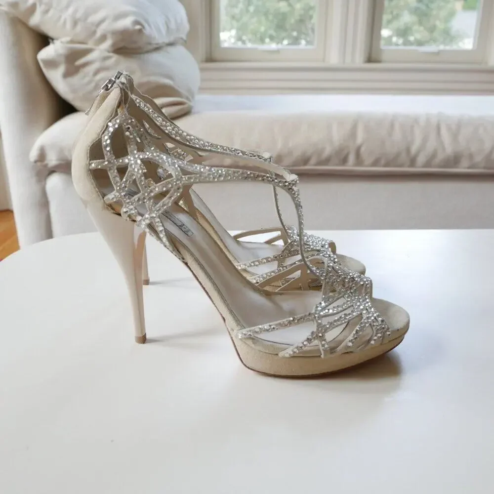 Grey Mer Italy Crystal Heels made in Italy Strappy Sandals suede 8.5 9 - Picture 3 of 11